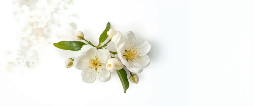 Beautiful azahar flowering branch featuring Orange tree flowers, buds, and White calamondin citrus blossom