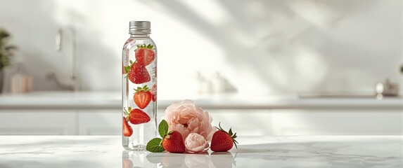 Refreshing Detox Infused Water with Strawberries and Mint in Sports Bottle, Surrounded by Strawberries and Peonies on Light Background
