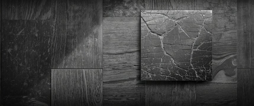 Old Laminated Floor Surface with Varnished Wood Block-board, Cracks, Scratches, Peeling, Vignette Gray Grunge Texture