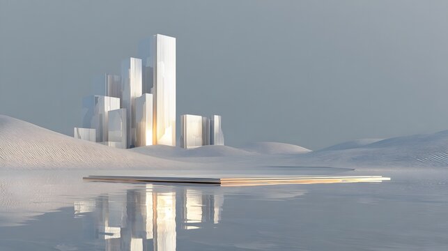 A digital surrealist landscape featuring leucic peaks and auric specular reflections.