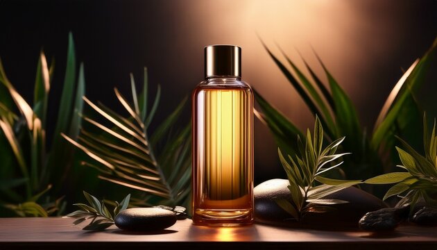 Spainspired Tall Oil Bottle Design Premium Aromatherapy Product Showcased In Tall Bottle Amid Dim Spa Lighting And Botanical Elements