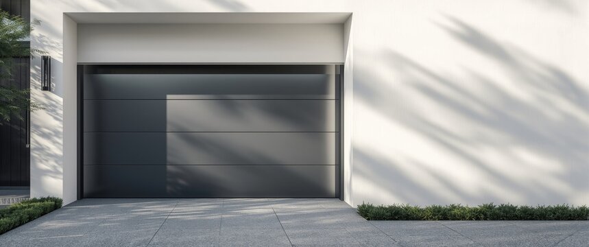 White facade featuring a gray modern door and a closed garage gate at the entrance of a private home