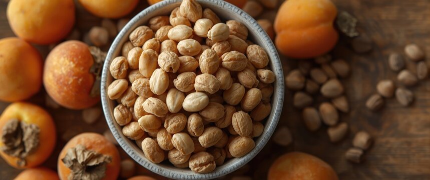 Apricot kernels in a bowl with pits, stones, and fresh apricots on a white background, emphasizing food, nature, and organic fruit with yellow and orange tones