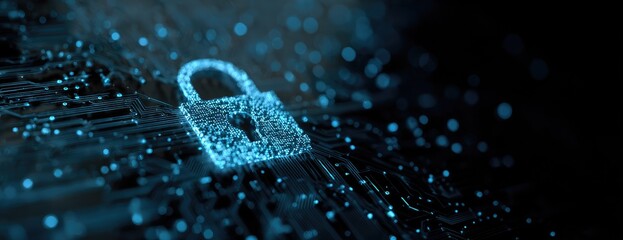 A glowing padlock illuminates, floating over abstract circuits and bokeh against a dark background