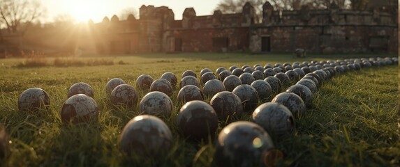 Obraz premium Old antique combat round gray metallic, iron, stone cannon balls, ammunition texture and background