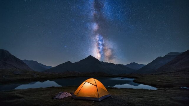 Illuminated Tent Under the Milky Way Galaxy in a Mountainous Landscape camping night