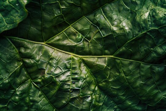 Dark green gunnera leaf with prominent veins and textured surface creates a captivating natural backdrop