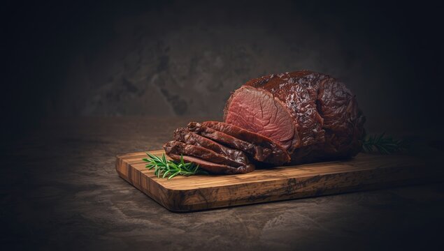 Carved British roast beef with rosemary herb garnish on a dark background, ideal for layout or presentation