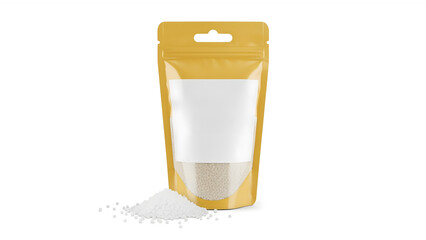 A mockup product packaging pouch with a clear window. The bag is yellow with a white label and a small pile of white granules