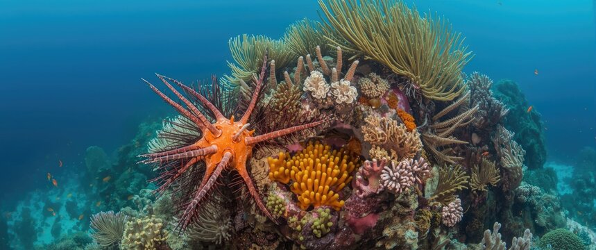Massive Crown of Thorns starfish feeding on coral at a tropical coral reef in Thailand (Richelieu Rock)