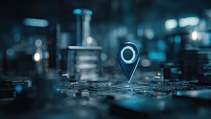 Glowing location pin on a computer motherboard with blurred background and bokeh effect