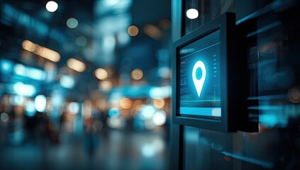 Glowing location icon on a digital screen, set against a blurred city background