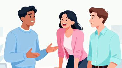 Fototapeta premium Three people are smiling and talking to each other. The man is wearing a blue sweater and the woman is wearing a pink shirt. The man is on the left and the woman is in the middle