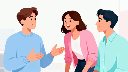 Fototapeta premium A man and two women are sitting together and smiling. The man is talking to the woman in the pink shirt