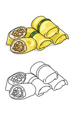 Semar mendem local food Indonesian dish. Sticky rice with Minced chicken wraped Spring roll skin 