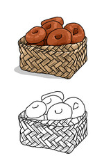 Bamboo basket of Sweet potato donuts illustration. Carbohydrate Local snack coloring page 