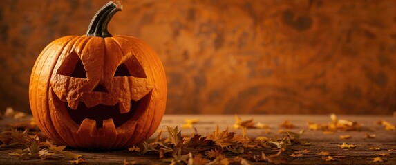 Halloween pumpkin on a rustic backdrop, humorously carved for the holiday season, with space for text