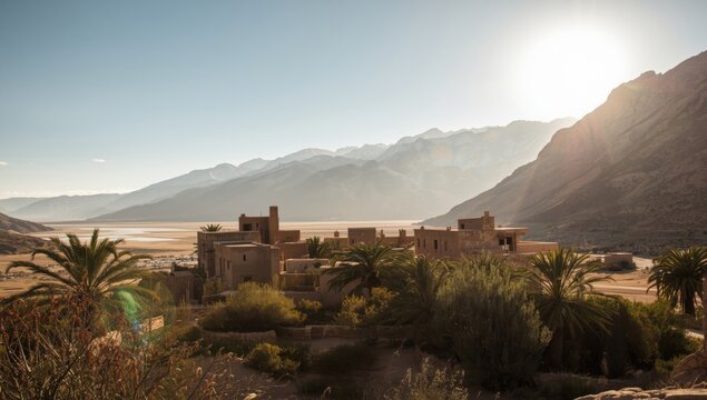 Mountain village featuring local homes, trees, and rugged terrain, exploring rural architecture and nature