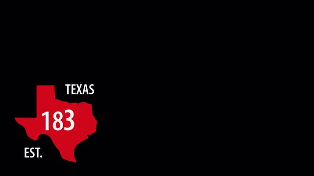 A red silhouette of the state of Texas with 'TEXAS', '183', and 'EST.' Video Animation text on a Transparent background, representing its establishment.