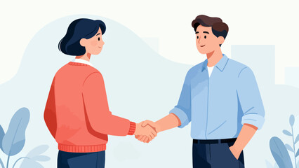 Fototapeta premium A man and a woman shake hands in a business meeting. The man is wearing a blue shirt and the woman is wearing a red sweater