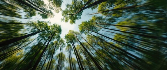 Blurred abstract forest backdrop captured from below, featuring pattern, texture, and sky for a spring and summer nature theme