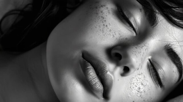 The is a black and white portrait with a subtle hint of color through a speckled pattern on the subject's face. The focus is on the individual's facial features, particularly the lips