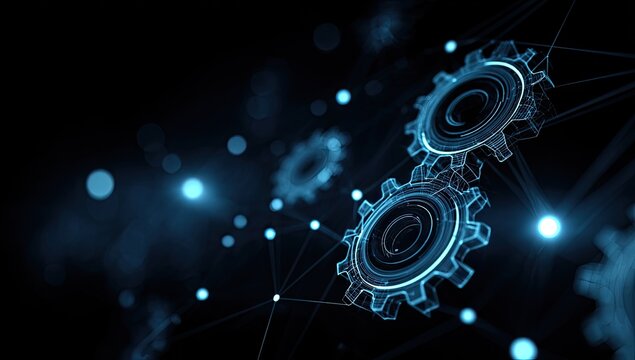 Neon blue gears interconnected with lines, symbolizing technology and progress on a black backdrop