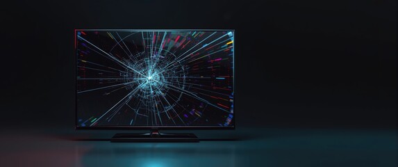 Broken television with glitch display, digital surface defect, cracked glass, and glossy edges showing image disruption