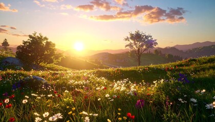 Serene Meadow with Wildflowers at Sunset.