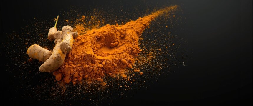 Turmeric fresh and powdered on a black backdrop, food, isolated, natural, health, medical, orange, India, culinary, plant