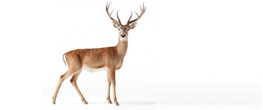 Antlered male deer against a white background