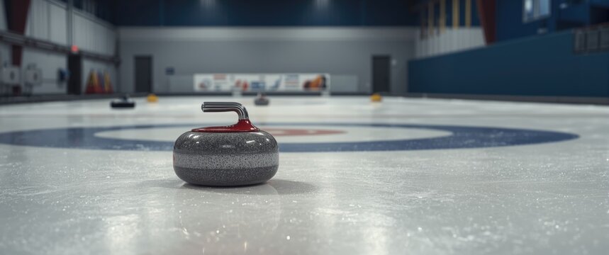 Used curling stones: shaped granite rocks with handles designed for sliding on ice in curling matches