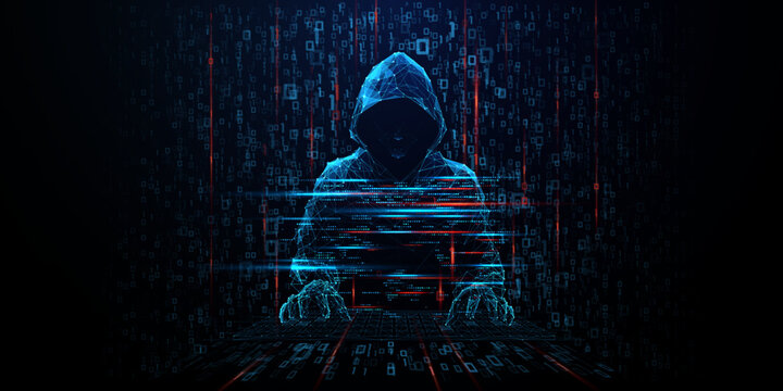 Low poly hacker silhouette emerges from Matrix-style binary code backdrop, depicting digital fraud and cyber threats in a striking 3D illustration with dramatic dark atmosphere. Cyber security concept