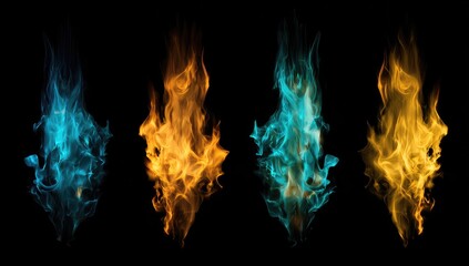 Four stylized flames in vibrant colors against a black backdrop
