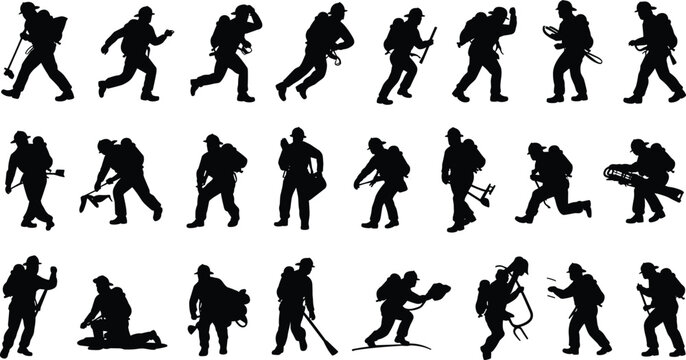 Set of firefighter silhouette figures in action poses, black emergency responder characters carrying tools and hoses, isolated rescue and fire service icons for safety design