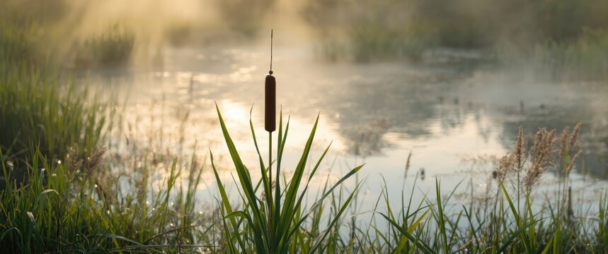 Young cattail bush in a spring marsh for background or water texture