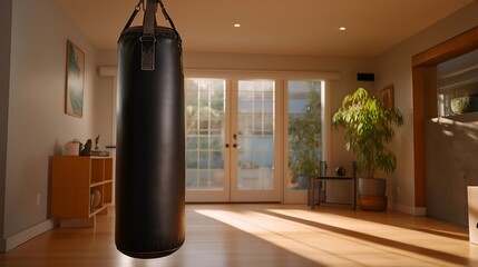 A well-equipped home gym featuring a punching bag, presenting the idea of personal fitness spaces where people can work on their boxing skills and improve their overall physical conditioning