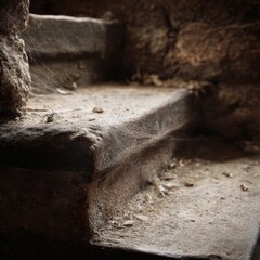 Close-up of aged stone steps, with cobwebs and rough textures. Evokes a sense of age and decay