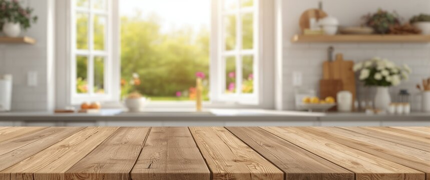 Table background featuring free space and a blurred spring window in a home interior
