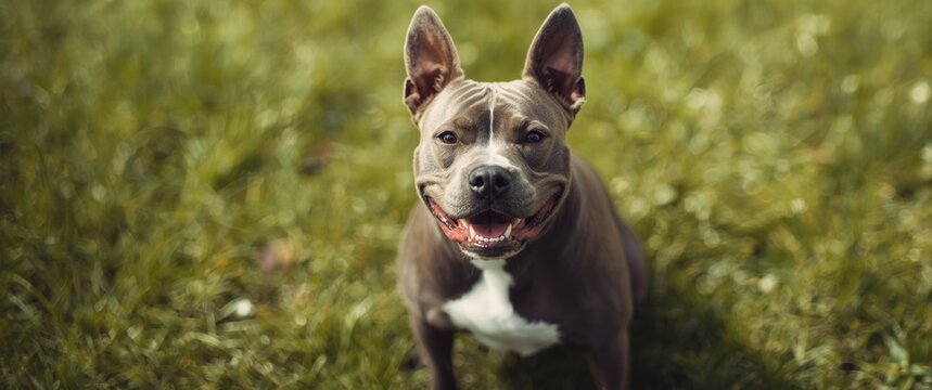 Portrait of a Blue Staffordshire Bull Terrier outdoors, appearing fierce
