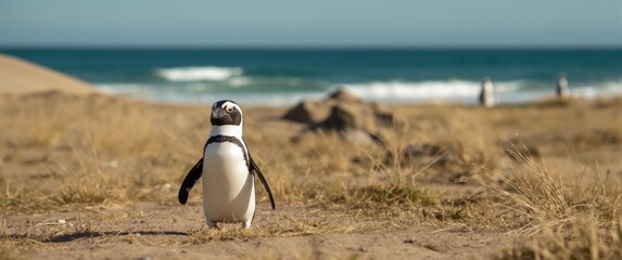 African Penguins (Spheniscus demersus) captured vertically in a Chilean field