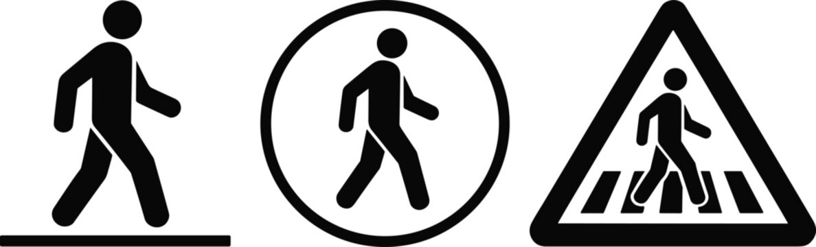 Set of pedestrian crossing icons showing walking person symbol, circular sign and triangular road warning sign, isolated black silhouette traffic symbols for safety and navigation design