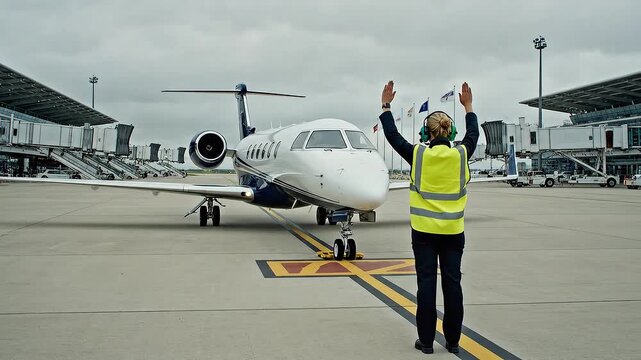 Female ground crew marshalling a private jet on the airport tarmac with hand signals