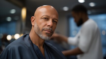 A balding man's head is the focal point in a barbershop setting, emphasizing the grooming process while a barber expertly tends to his remaining hair and beard for a fresh look. cinematic color