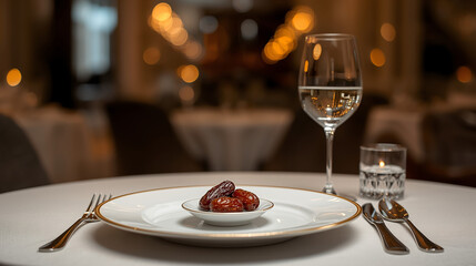 Luxury Ramadan iftar table setting with empty plate and copy space for restaurant menu