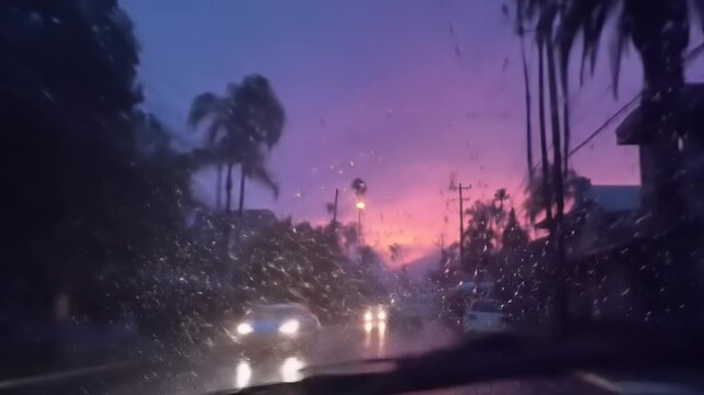A rainy street at dusk with palm trees against a pink and purple sunset. Cars drive