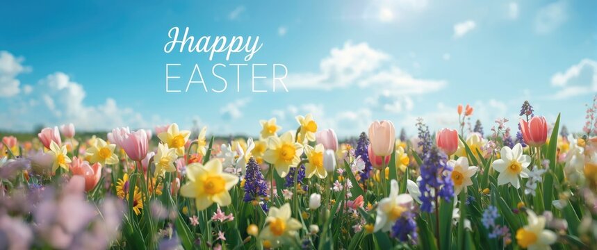 Spring landscape background featuring fresh spring flowers for Happy Easter