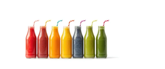 Crédence de cuisine  Assorted fruit and vegetable smoothies served in glass bottles with straws on white panorama banner  © TheWaterMeloonProjec