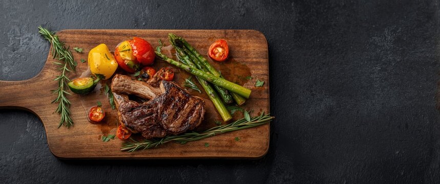 Delicious grilled T-bone steaks accompanied by fresh herbs and vegetables on a dark background
