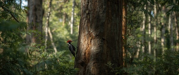 Fototapeta premium Eucalyptus tree with a Red-billed woodpecker